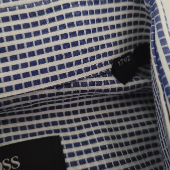 Hugo Boss Slim Fit Dress Shirt 17.5 Albini Fabric Blue Check Cotton New No Tags - Picture 5 of 10